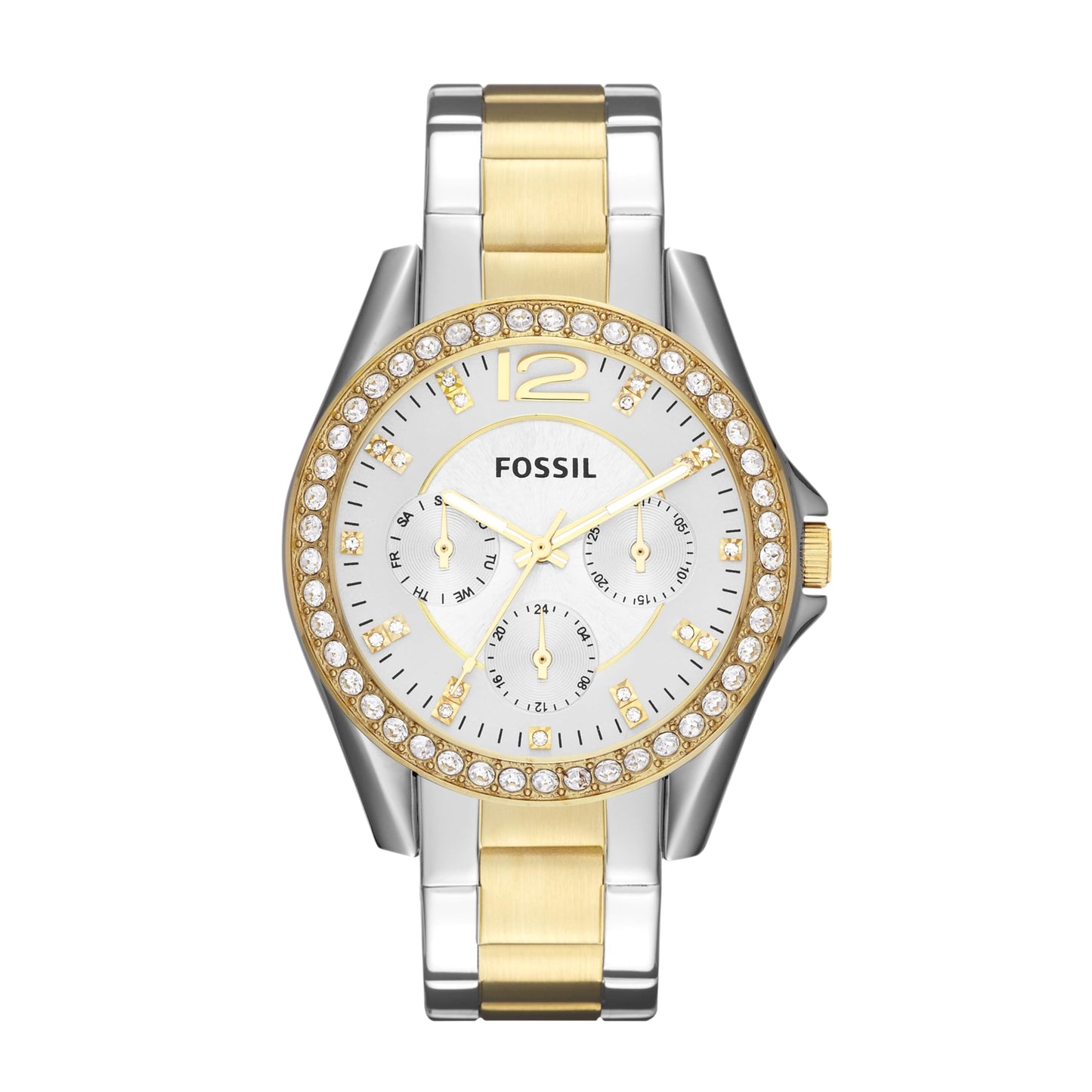 Reloj Fossil Riley para Mujer – Cronógrafo, Caja 38 mm, Acero Bicolor Plata y Oro