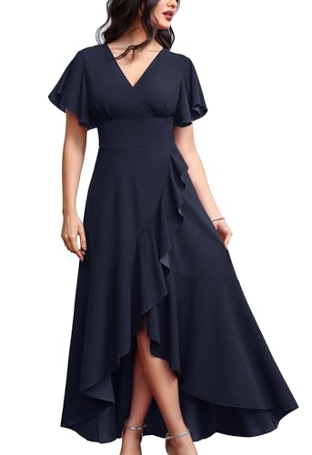 Vestido de Noche Largo Asimétrico con Manga Corta y Cuello en V para Mujer – Misshow, Azul Marino, Talla S