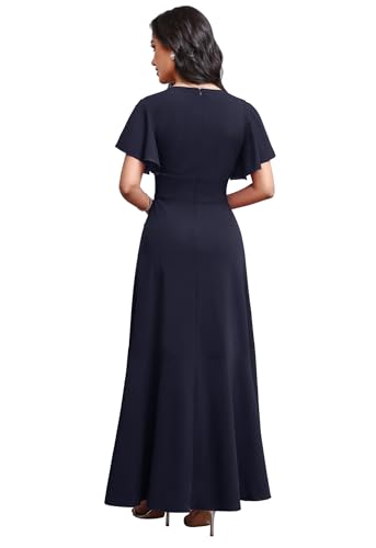 Vestido de Noche Largo Asimétrico con Manga Corta y Cuello en V para Mujer – Misshow, Azul Marino, Talla S