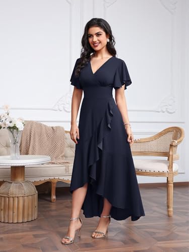 Vestido de Noche Largo Asimétrico con Manga Corta y Cuello en V para Mujer – Misshow, Azul Marino, Talla S