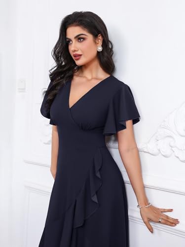 Vestido de Noche Largo Asimétrico con Manga Corta y Cuello en V para Mujer – Misshow, Azul Marino, Talla S