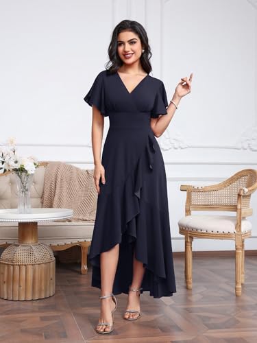 Vestido de Noche Largo Asimétrico con Manga Corta y Cuello en V para Mujer – Misshow, Azul Marino, Talla S