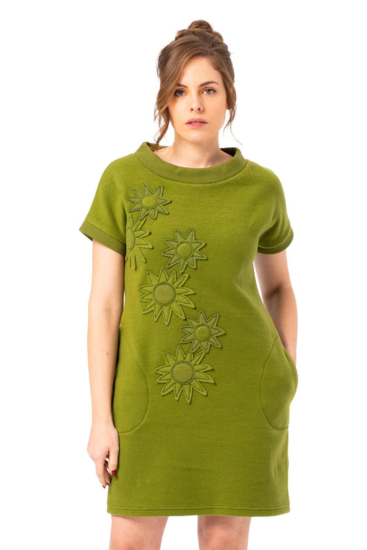 Vestido Corto Casual para Mujer Mamatayoe Mosaic – Algodón, Cuello Redondo, Bordados y Bolsillos – Verde, Talla S, Otoño-Invierno