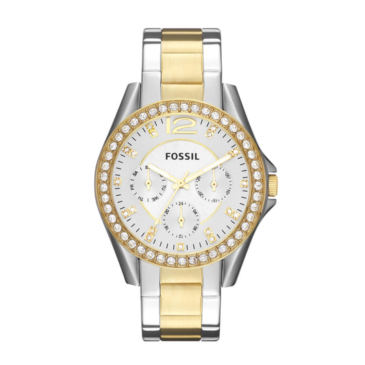 Reloj Fossil Riley para Mujer – Cronógrafo, Caja 38 mm, Acero Bicolor Plata y Oro