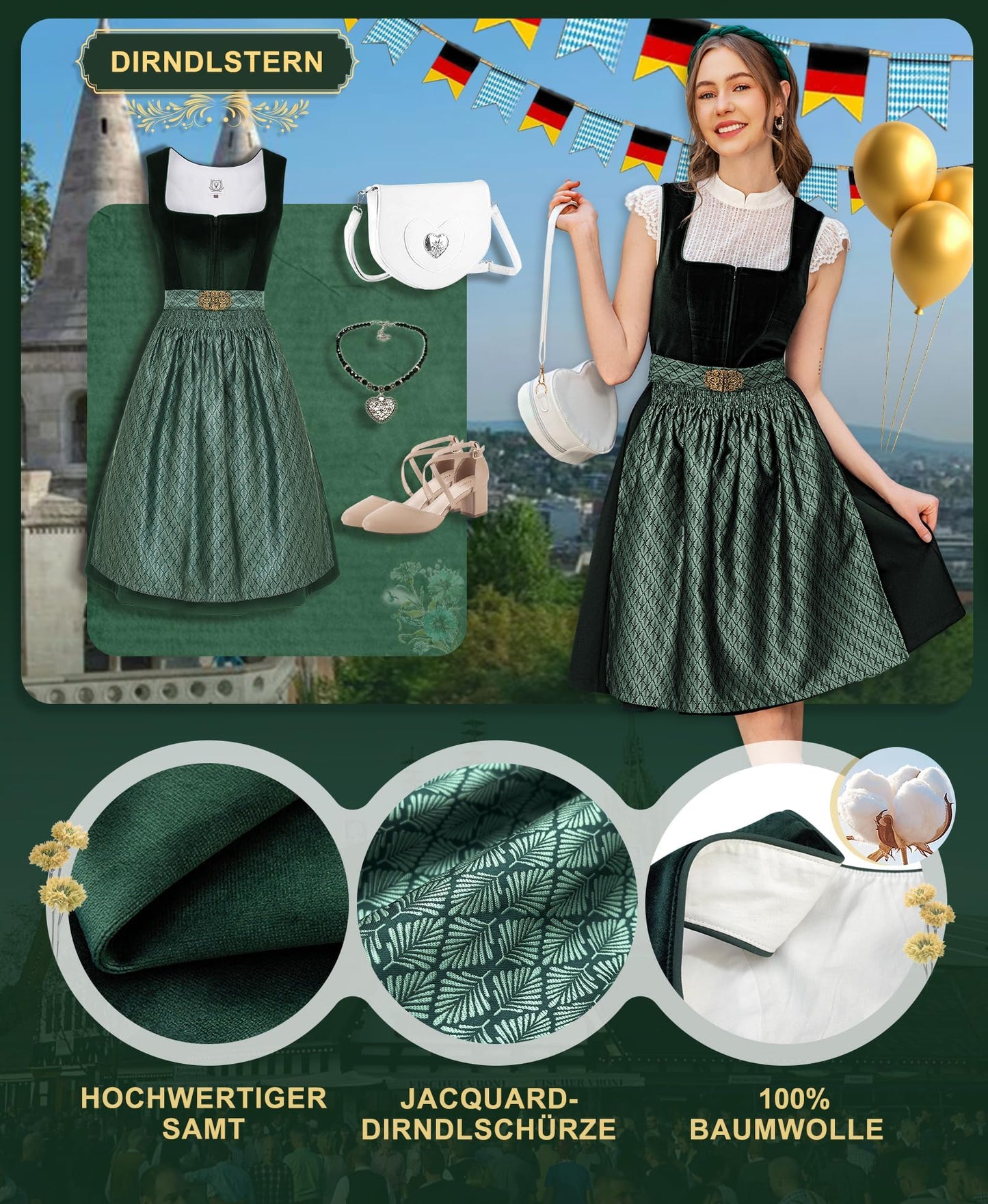 Vestido Dirndl Típico Alemán para Mujer con Falda Midi de Terciopelo – Color Verde – DIRNDLSTERN, Talla 44