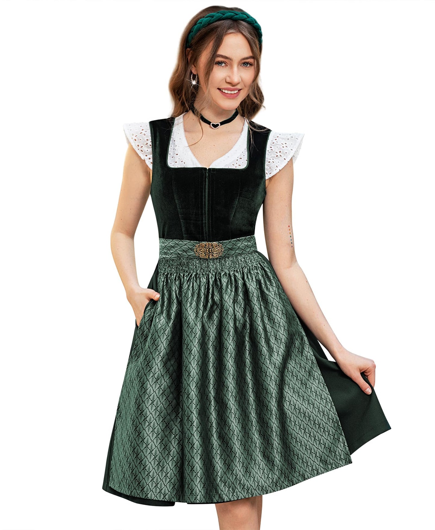 Vestido Dirndl Típico Alemán para Mujer con Falda Midi de Terciopelo – Color Verde – DIRNDLSTERN, Talla 44