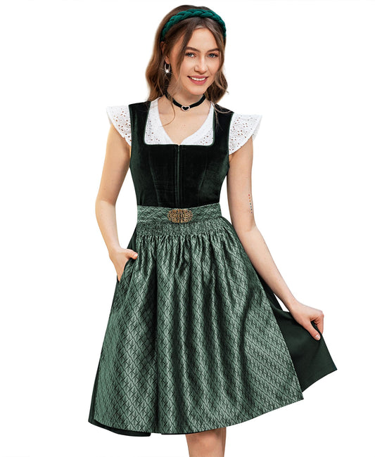 Vestido Dirndl Típico Alemán para Mujer con Falda Midi de Terciopelo – Color Verde – DIRNDLSTERN, Talla 44