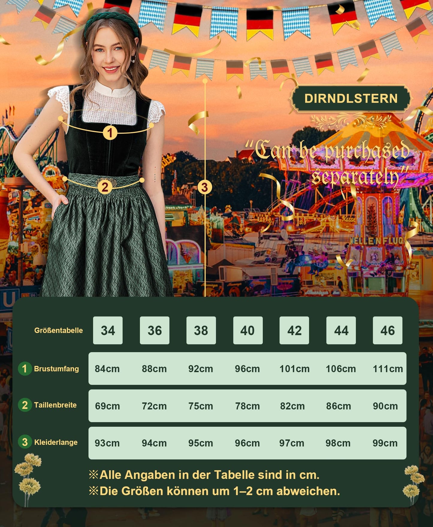 Vestido Dirndl Típico Alemán para Mujer con Falda Midi de Terciopelo – Color Verde – DIRNDLSTERN, Talla 44