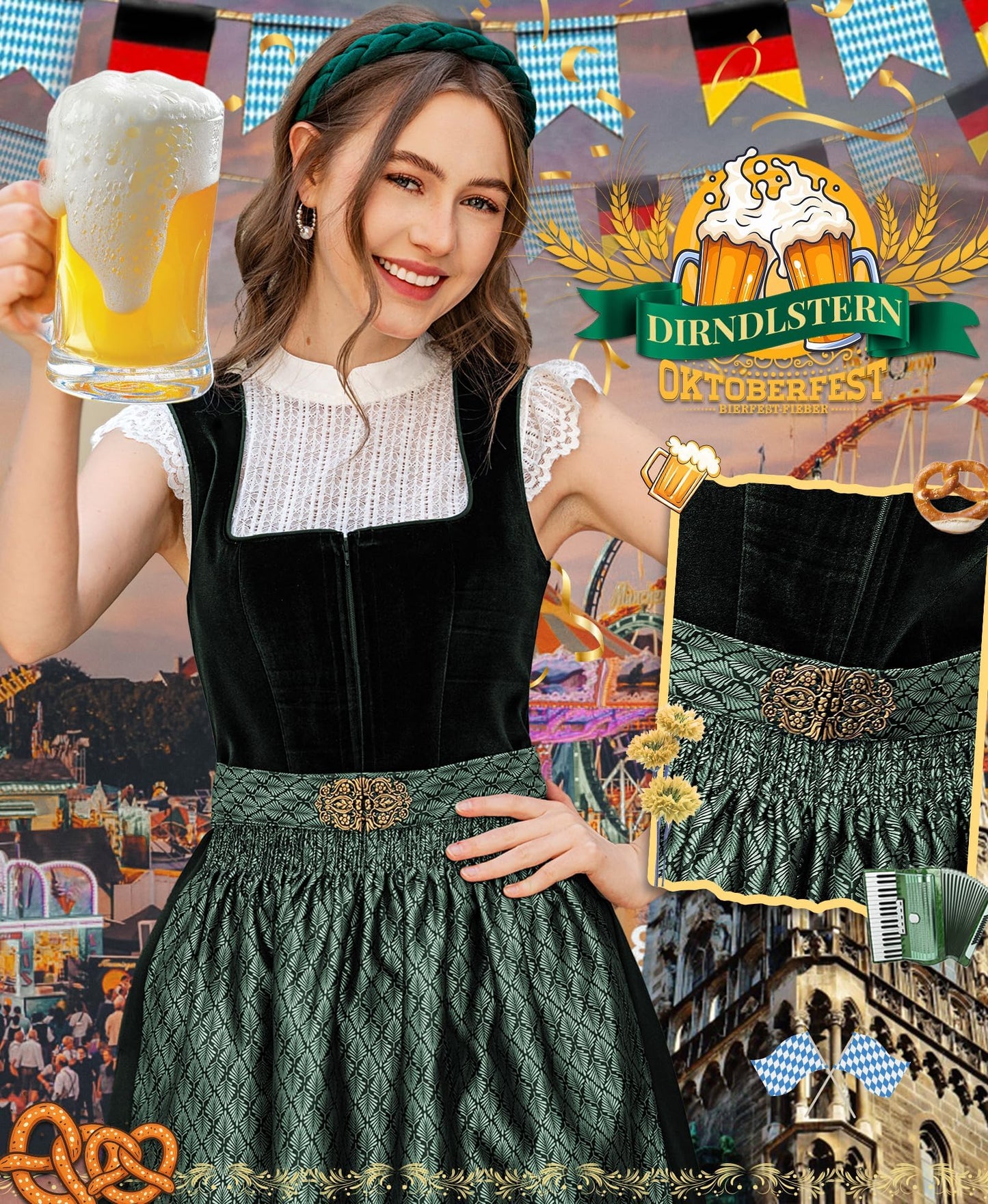 Vestido Dirndl Típico Alemán para Mujer con Falda Midi de Terciopelo – Color Verde – DIRNDLSTERN, Talla 44