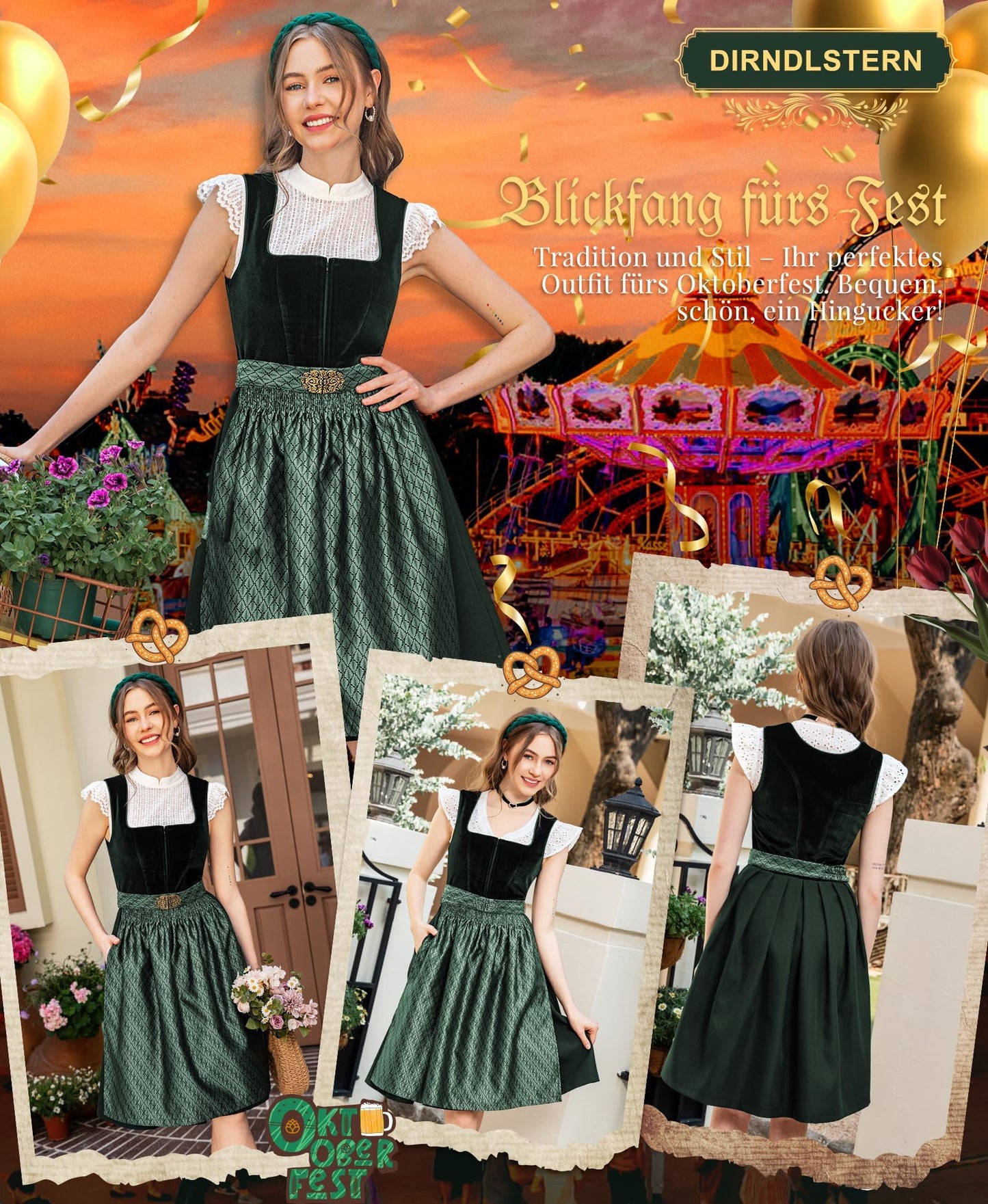 Vestido Dirndl Típico Alemán para Mujer con Falda Midi de Terciopelo – Color Verde – DIRNDLSTERN, Talla 44
